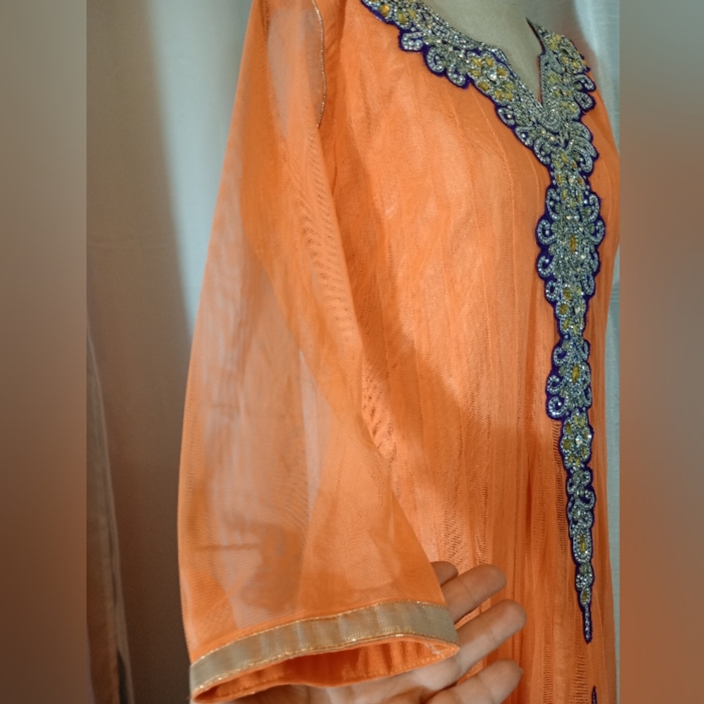 Halloween  Beaded Indian Maxi Dress, Orange, Purple floral, gold satin trim, L - Picture 11 of 12